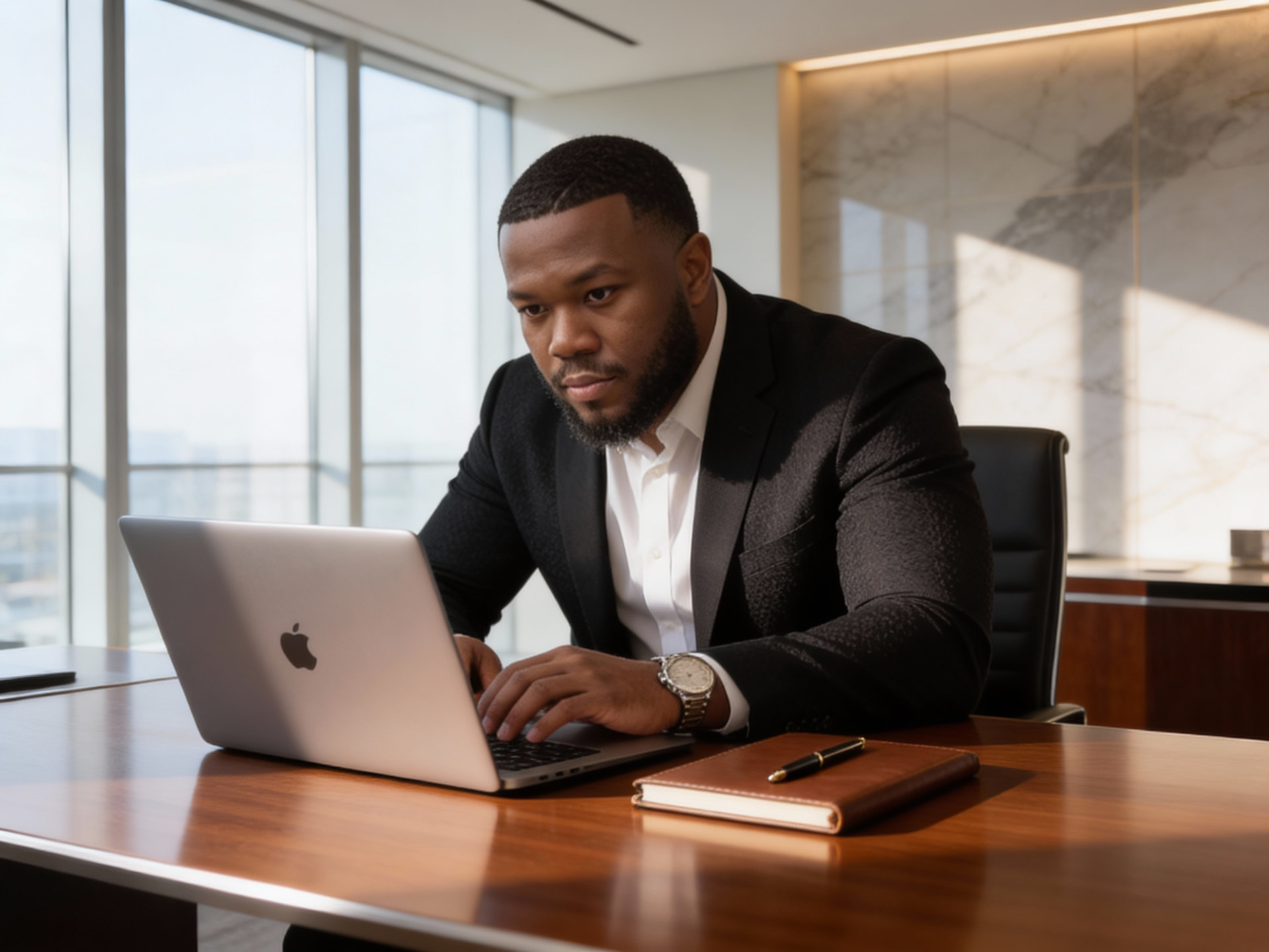 Vincent Hilliard Jr. working at a wood desk with his laptop and notebook