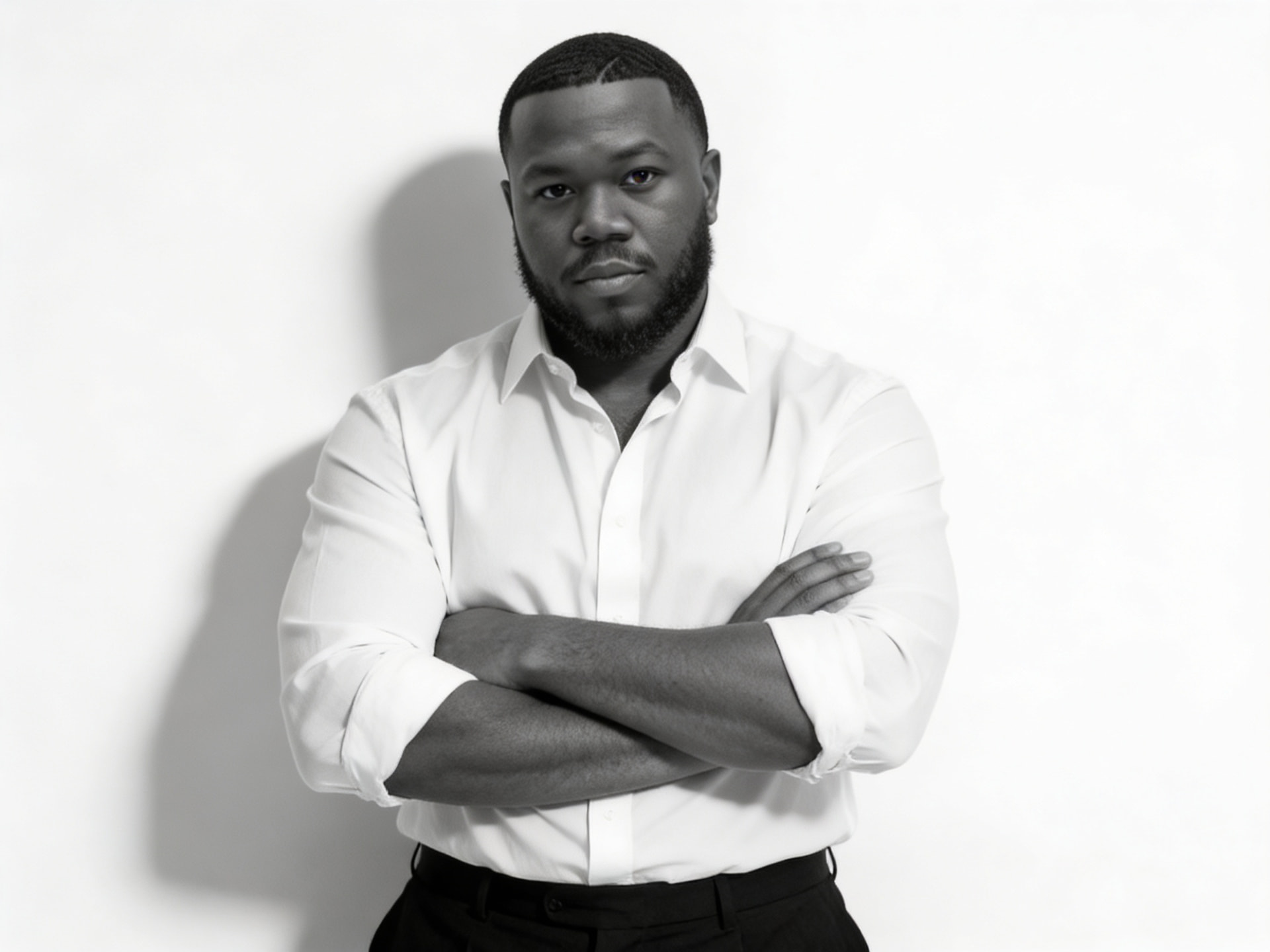 Black and white portrait of Vincent Hilliard Jr. standing with his arms crossed