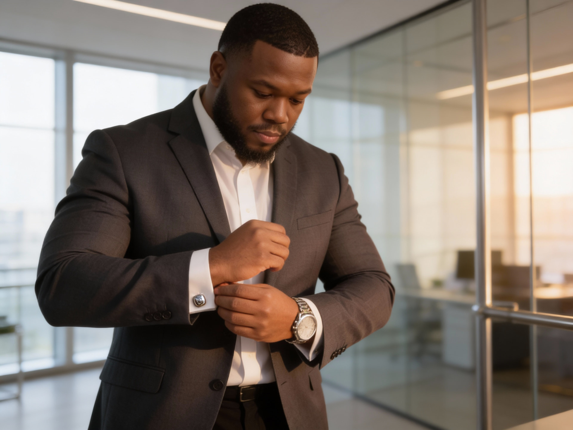 Vincent Hilliard Jr. adjusting his cufflinks in an executive office